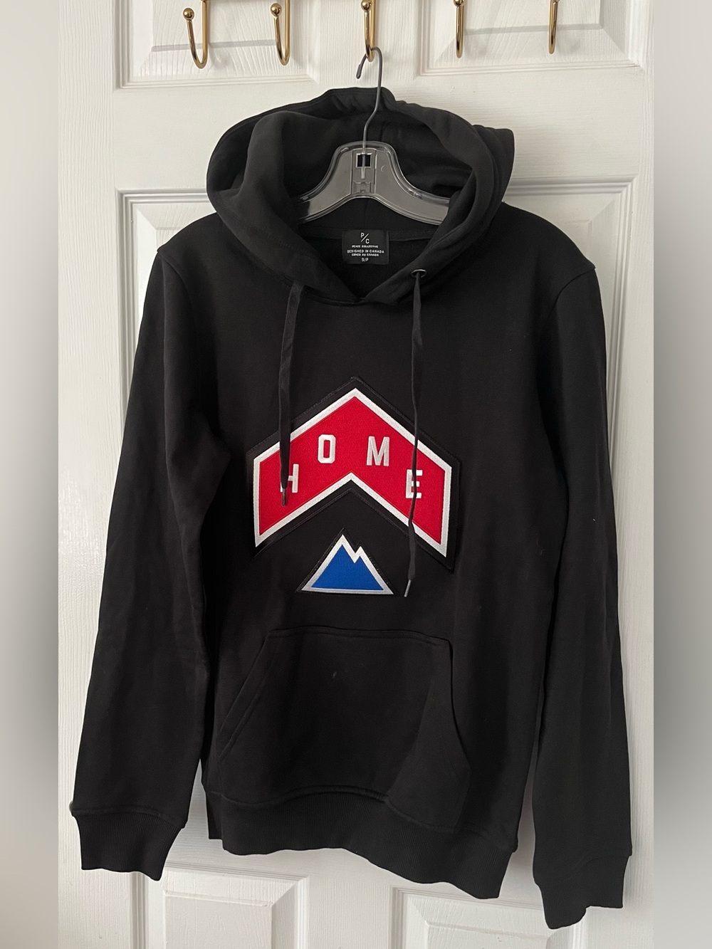 HOME Black Pullover Hoodie with Red & Blue Appliqué